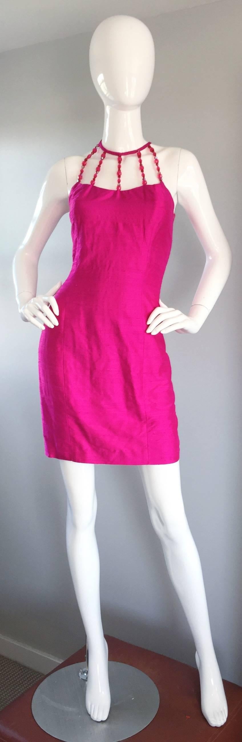 Sexy vintage early 90s NICOLE MILLER raw silk dress! Flattering bodcon fit, with amazing pink beaded caged neckline! Such a flattering fit, with hidden zipper up the back, and hook-and-eye closure. Great for any day to night event. Perfect with