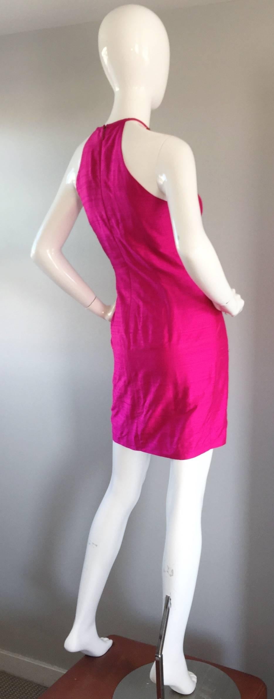 Sexy Vintage Nicole Miller 1990s Hot Pink Fuchsia Bodycon Silk Beaded Cage Dress 3