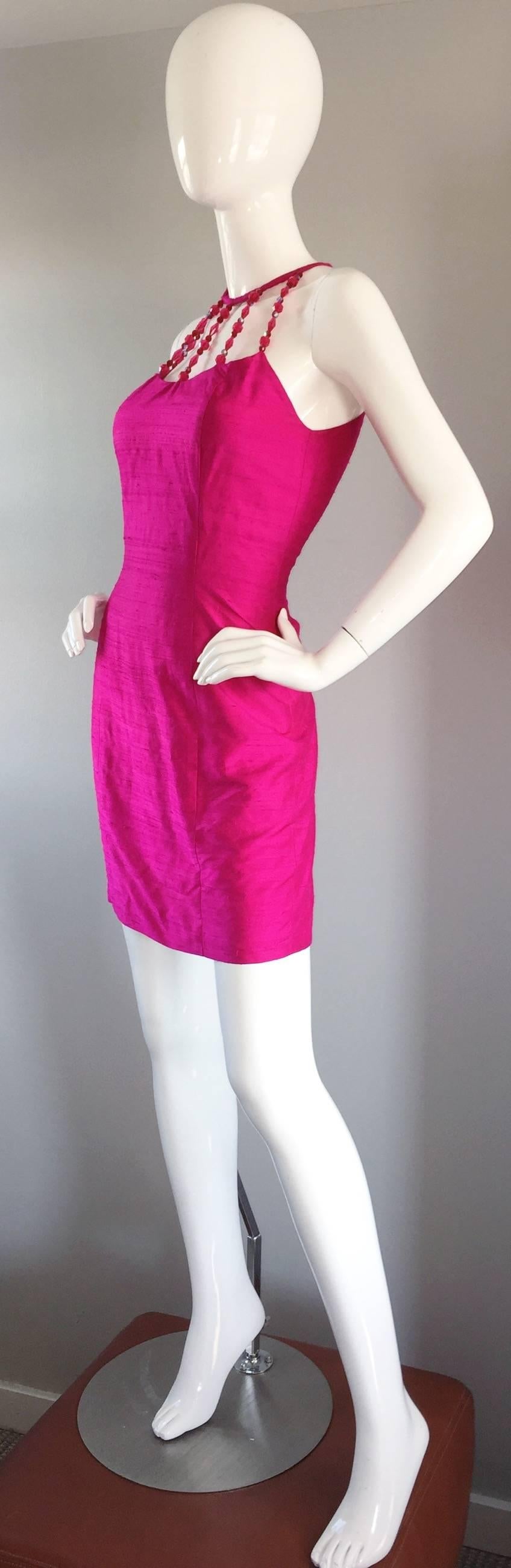 Sexy Vintage Nicole Miller 1990s Hot Pink Fuchsia Bodycon Silk Beaded Cage Dress 2