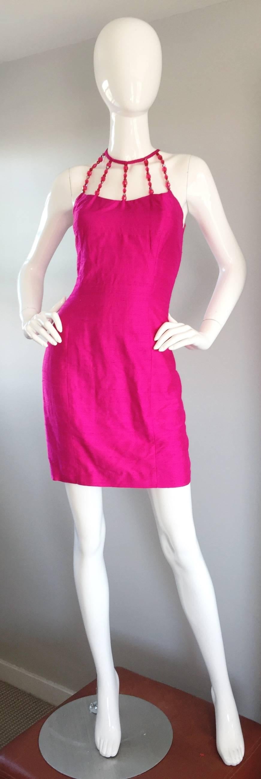 Sexy Vintage Nicole Miller 1990s Hot Pink Fuchsia Bodycon Silk Beaded Cage Dress 4