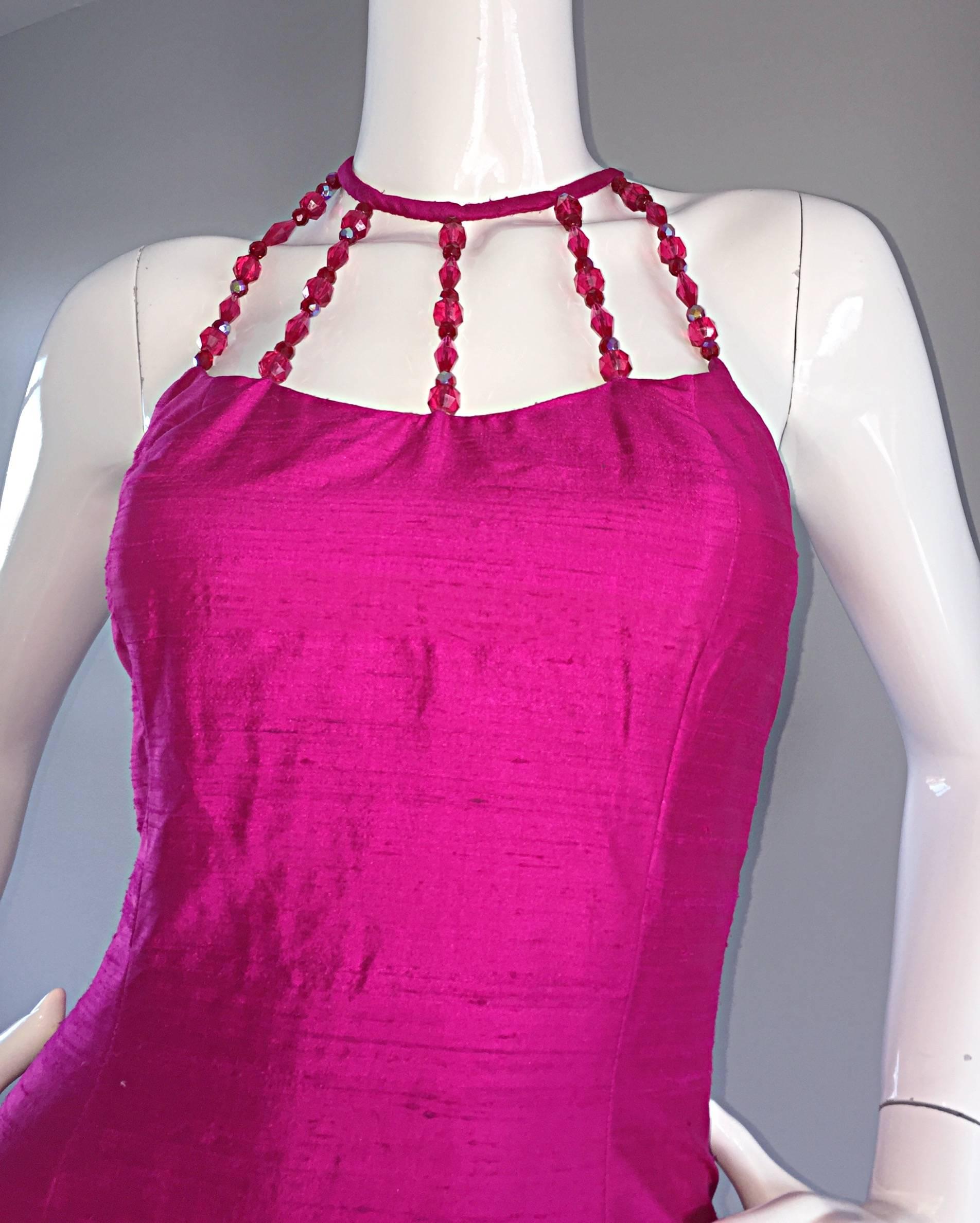 Sexy Vintage Nicole Miller 1990s Hot Pink Fuchsia Bodycon Silk Beaded Cage Dress In Excellent Condition In San Diego, CA