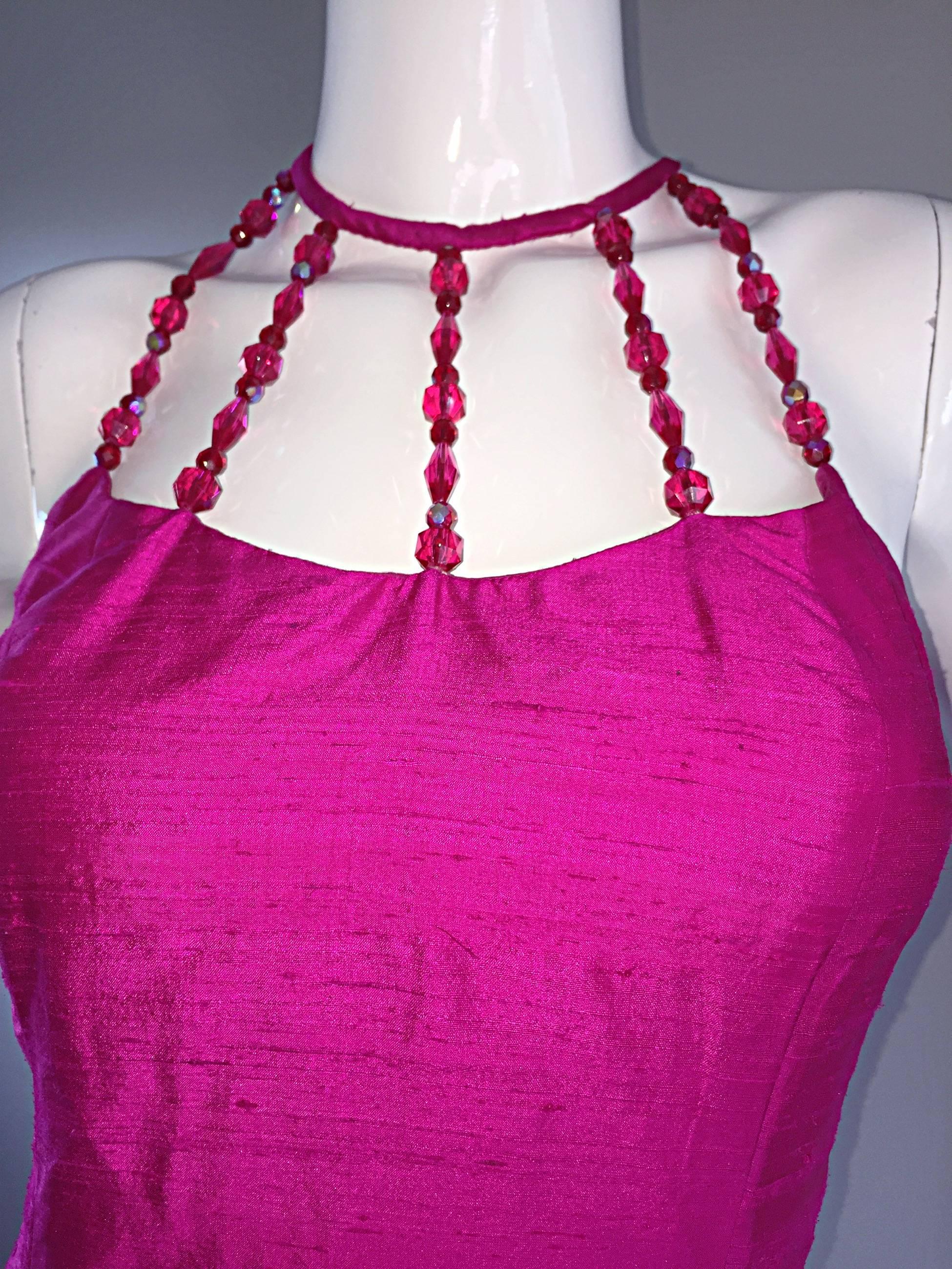 Sexy Vintage Nicole Miller 1990s Hot Pink Fuchsia Bodycon Silk Beaded Cage Dress 5