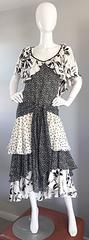 Vintage Lorrie Kabala Black and White Multi Print Drop Boho / Bohemian Dress