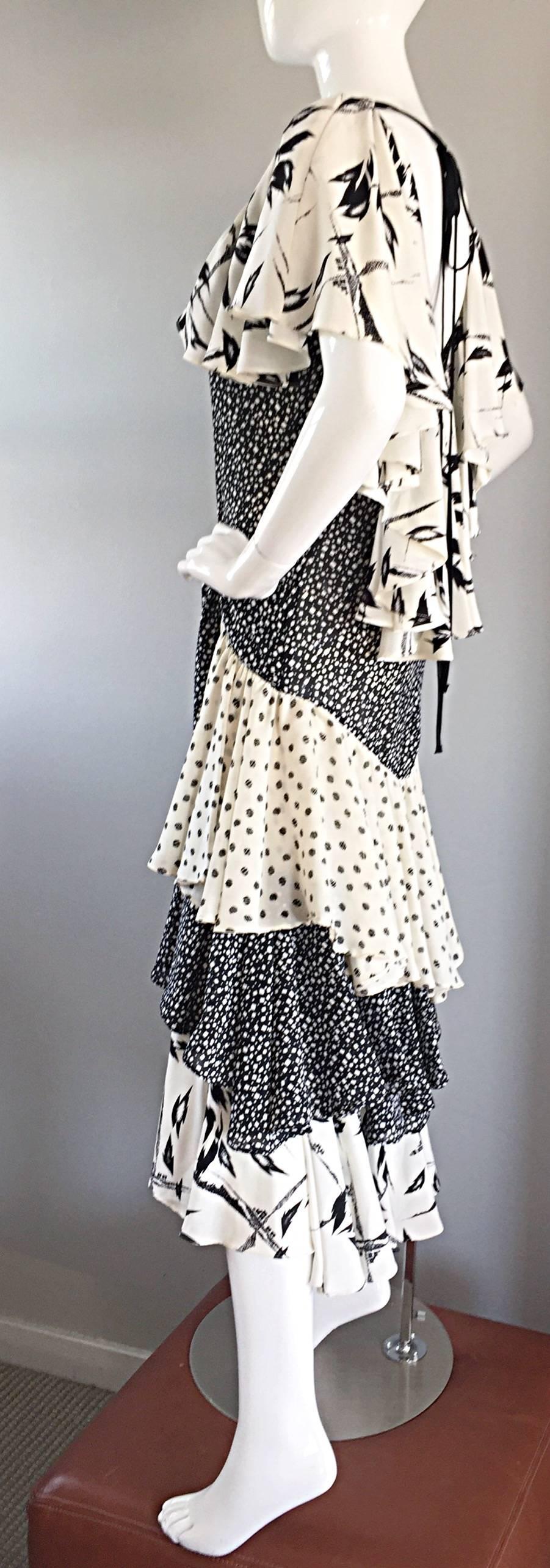 Vintage Lorrie Kabala Black and White Multi Print Drop Boho / Bohemian Dress 1