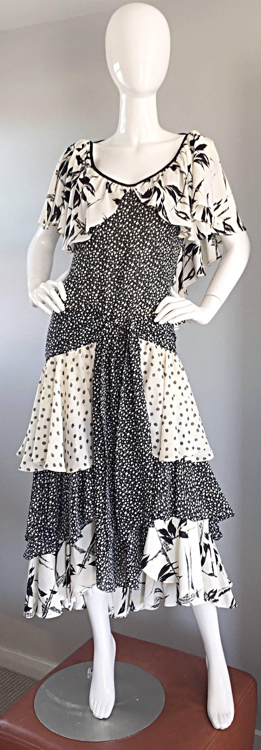 Vintage Lorrie Kabala Black and White Multi Print Drop Boho / Bohemian Dress 2