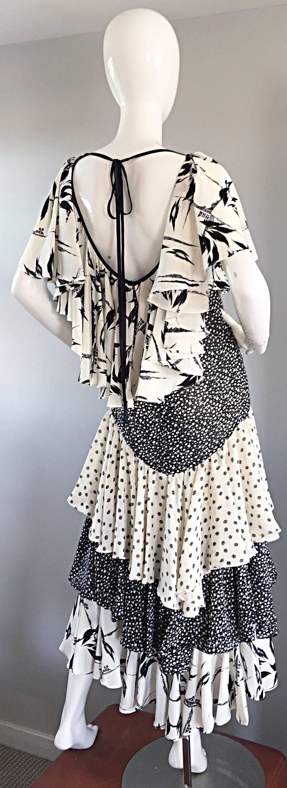 Vintage Lorrie Kabala Black and White Multi Print Drop Boho / Bohemian Dress 3