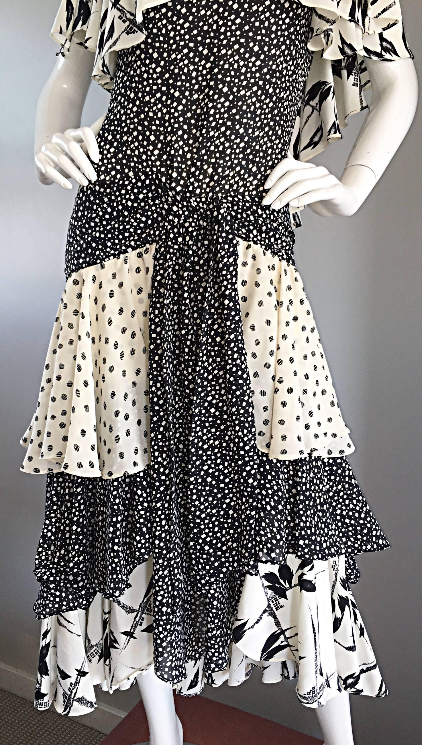 Women's Vintage Lorrie Kabala Black and White Multi Print Drop Boho / Bohemian Dress