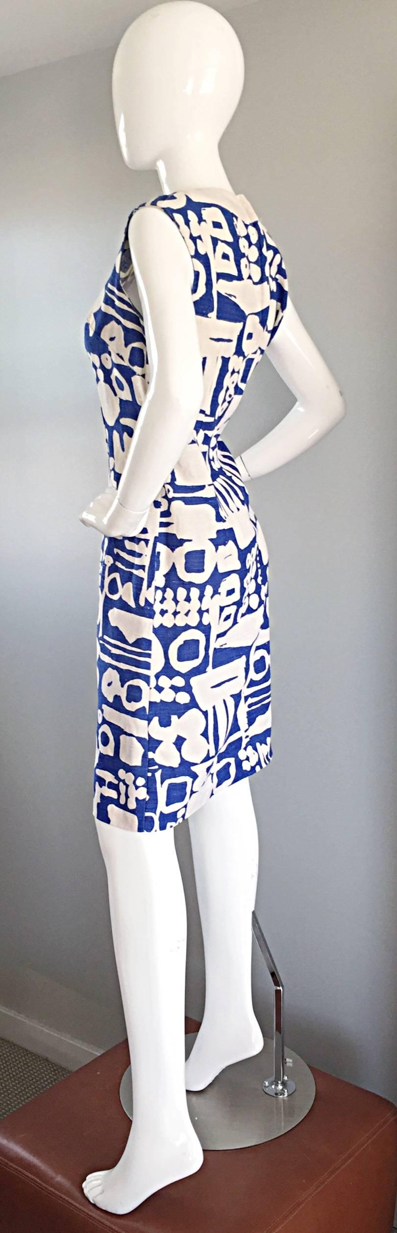 Rare Arthur's Originals 1960s Cerulean Blue Tribal Print 60s Linen Shift Dress 2