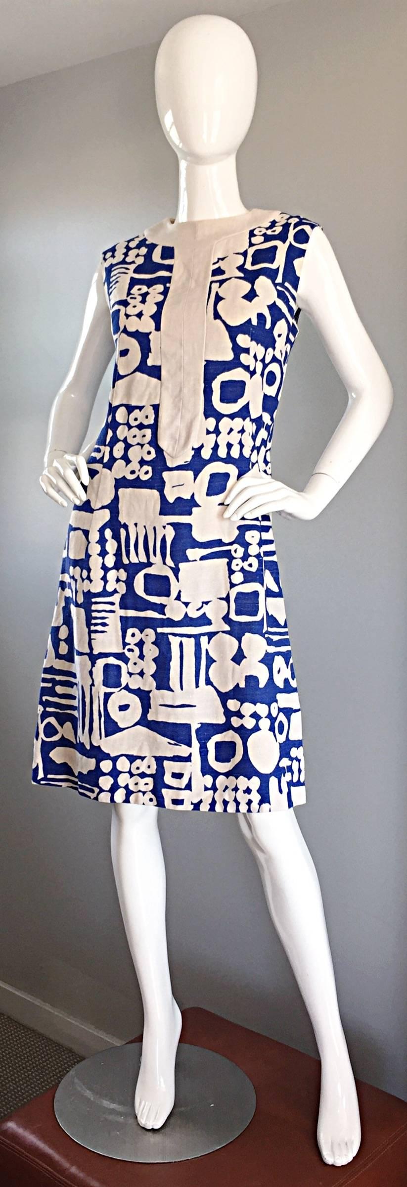 Rare Arthur's Originals 1960s Cerulean Blue Tribal Print 60s Linen Shift Dress 1