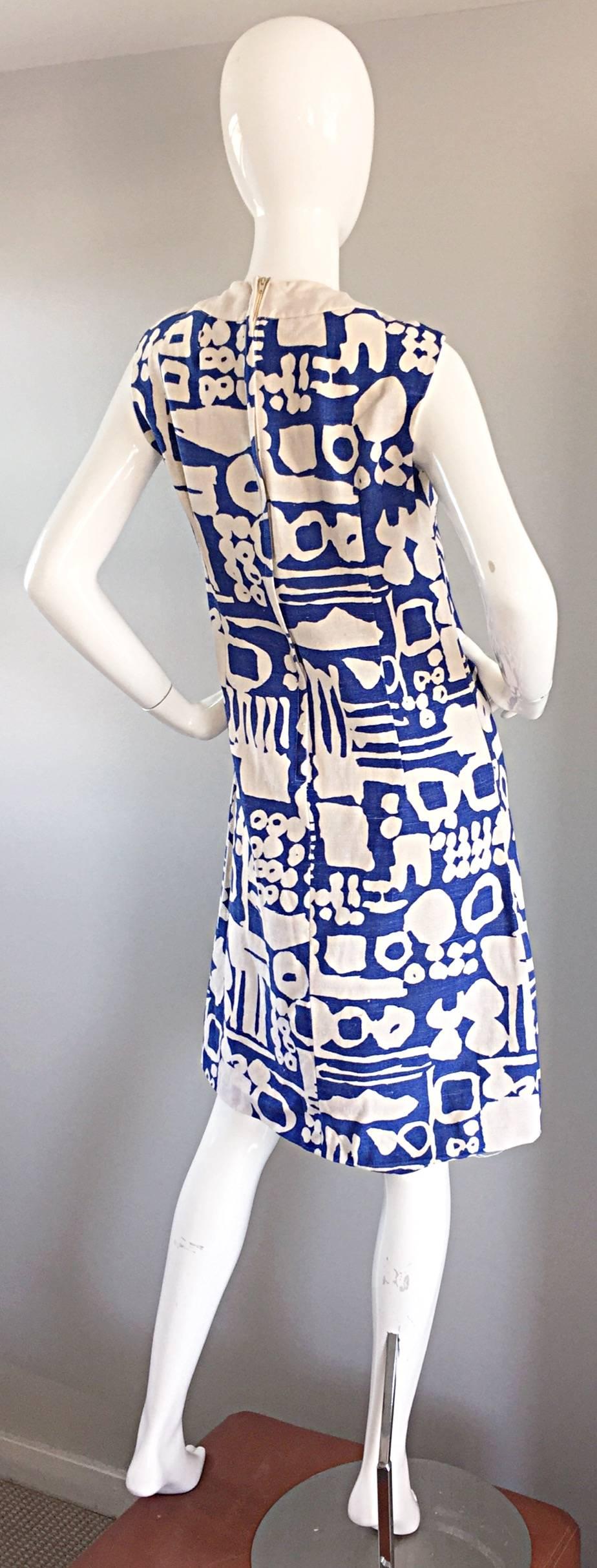 Rare Arthur's Originals 1960s Cerulean Blue Tribal Print 60s Linen Shift Dress 3