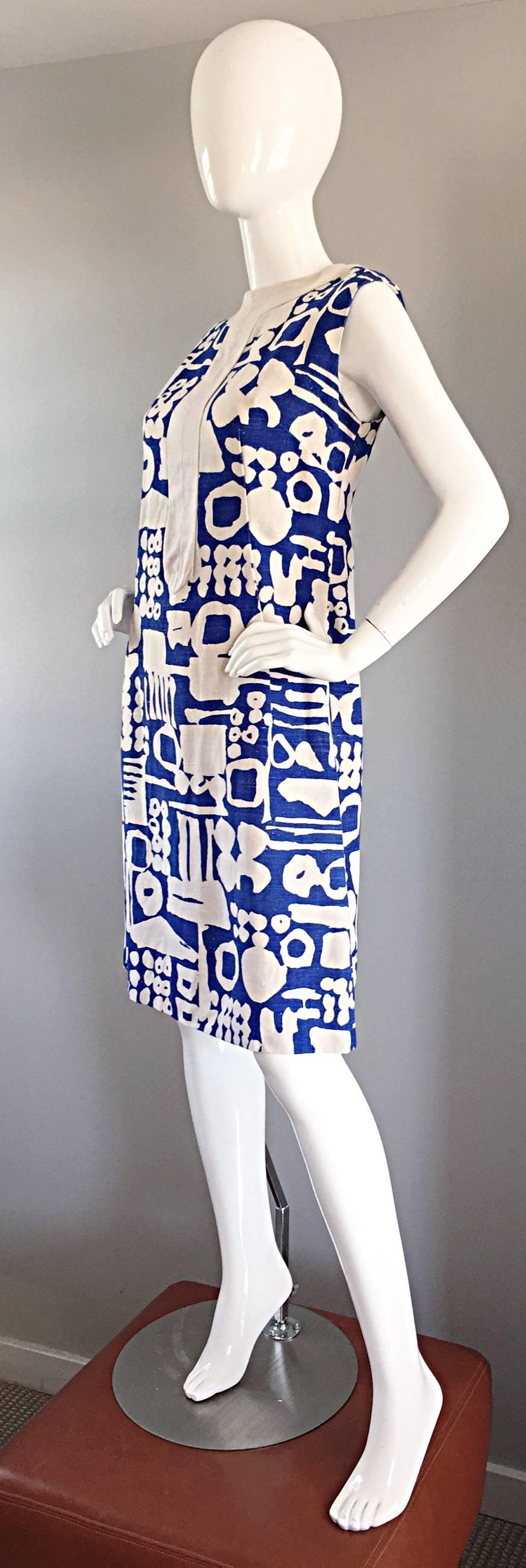 Rare Arthur's Originals 1960s Cerulean Blue Tribal Print 60s Linen Shift Dress 4