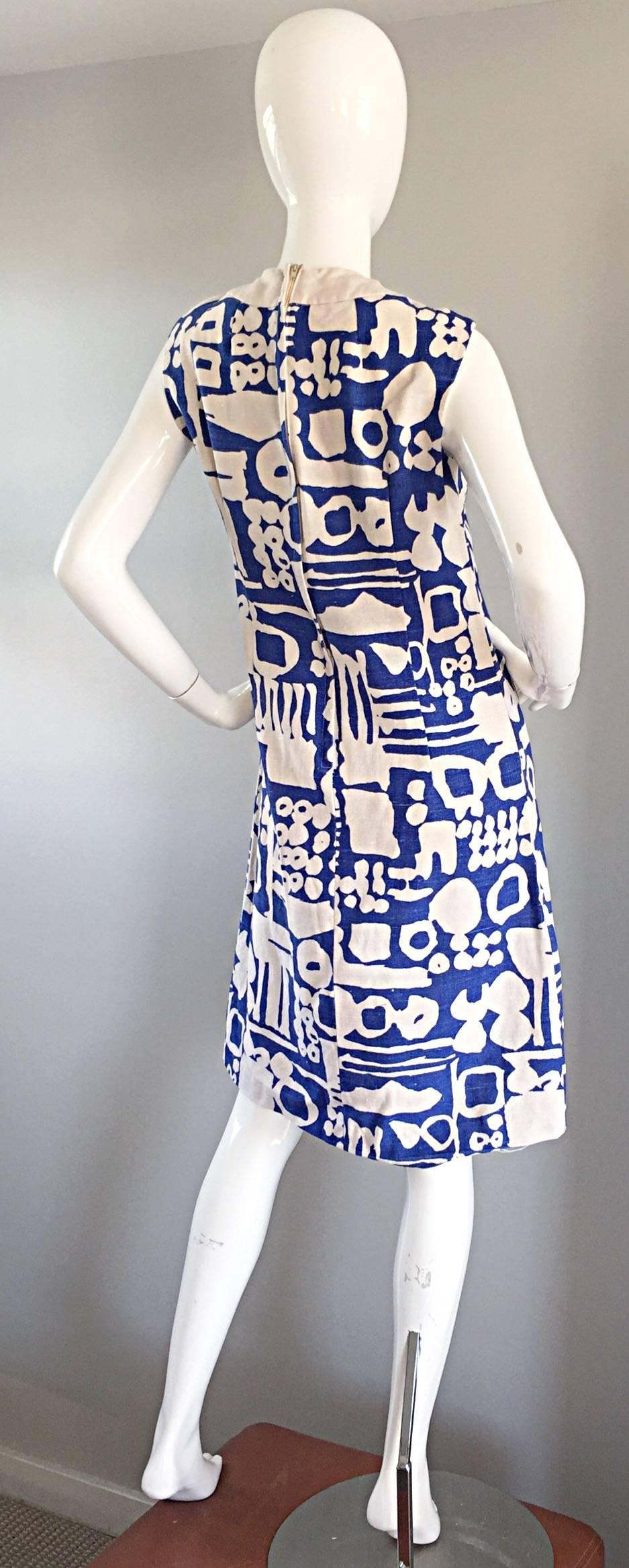 Beige Rare Arthur's Originals 1960s Cerulean Blue Tribal Print 60s Linen Shift Dress
