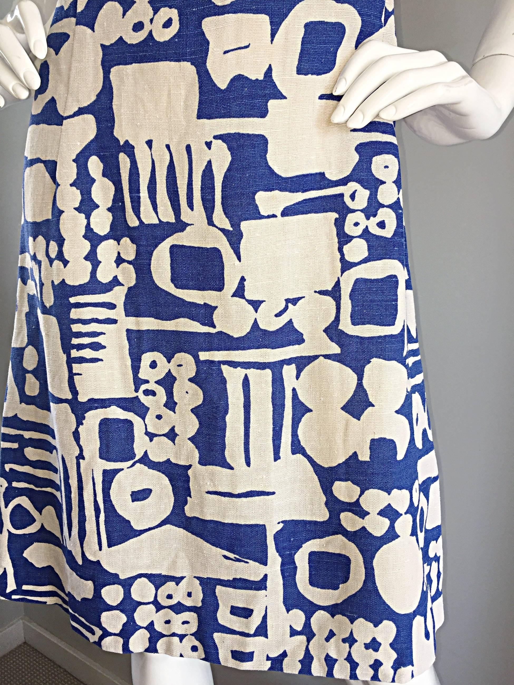 Women's Rare Arthur's Originals 1960s Cerulean Blue Tribal Print 60s Linen Shift Dress