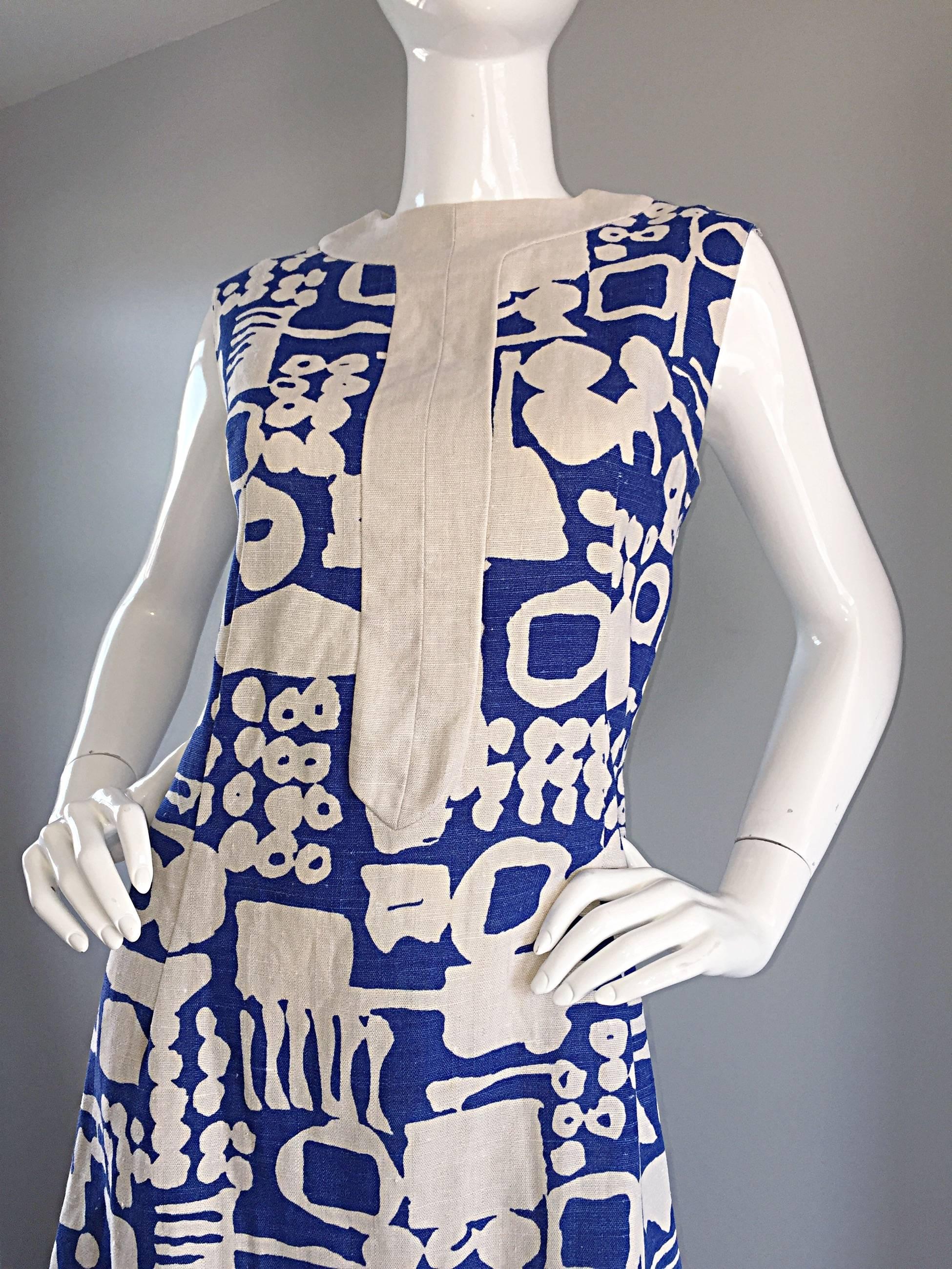 Rare Arthur's Originals 1960s Cerulean Blue Tribal Print 60s Linen Shift Dress In Excellent Condition In San Diego, CA