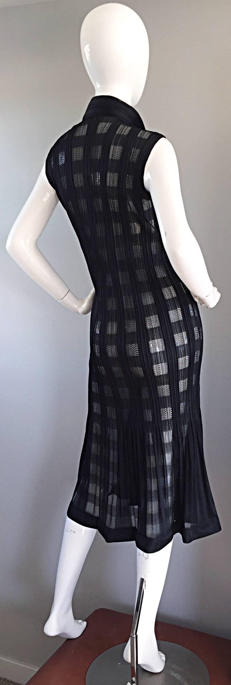 Rare Vintage Issey Miyake Crochet Cut - Out Black Pleated Semi - Sheer Dress In Excellent Condition In San Diego, CA