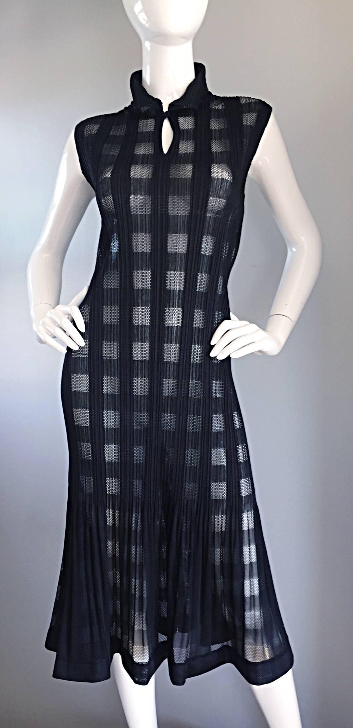 Rare Vintage Issey Miyake Crochet Cut - Out Black Pleated Semi - Sheer Dress 2