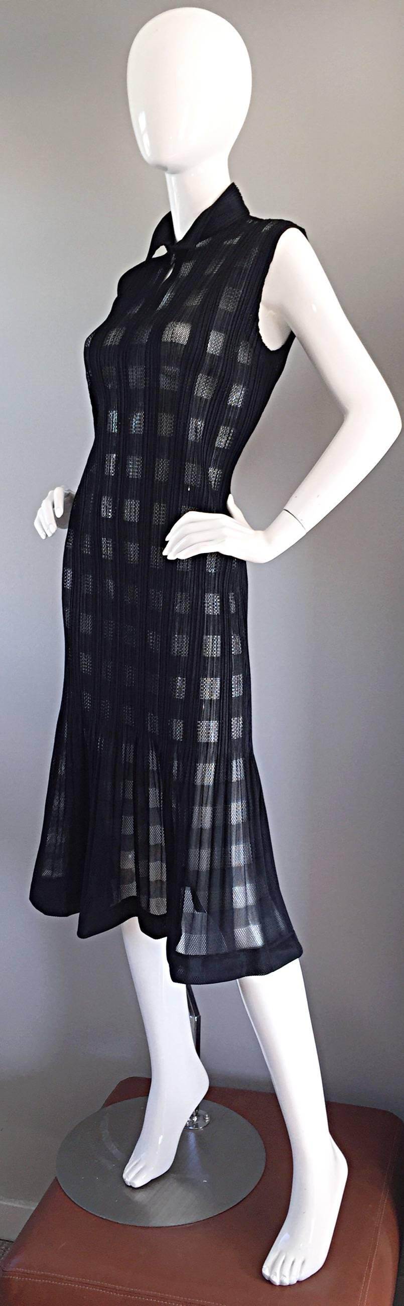 Rare Vintage Issey Miyake Crochet Cut - Out Black Pleated Semi - Sheer Dress 3