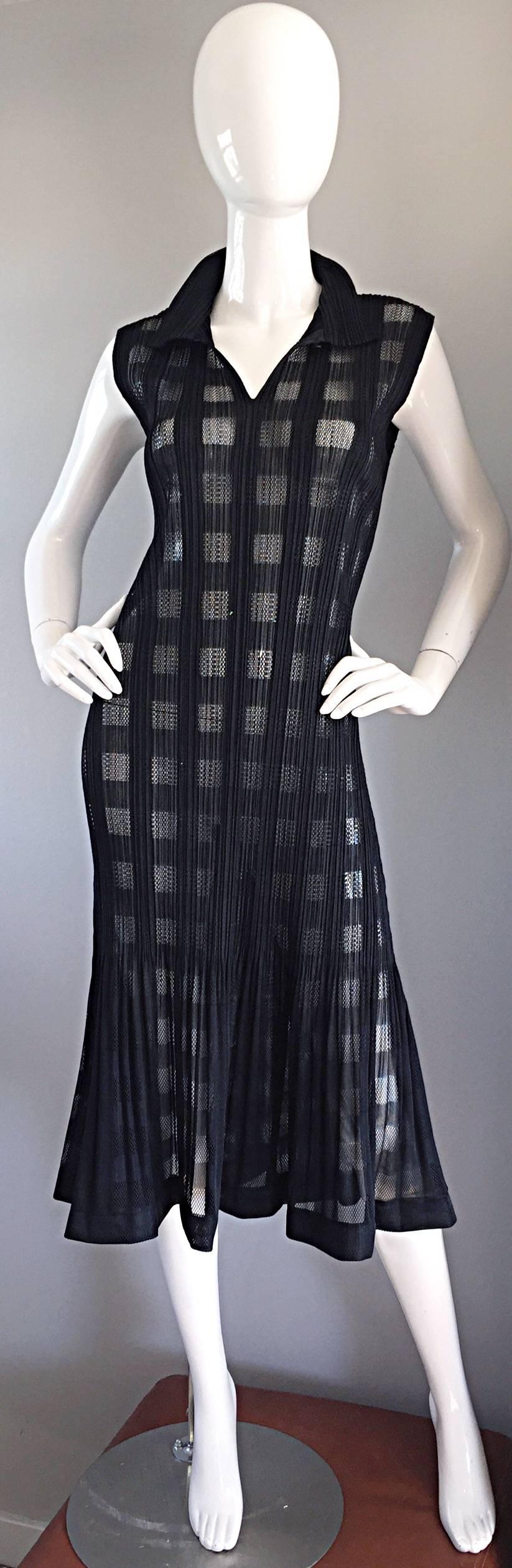 Women's Rare Vintage Issey Miyake Crochet Cut - Out Black Pleated Semi - Sheer Dress