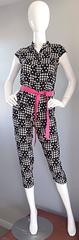 Amazing Vintage 80s Houndstooth and Star Print Navy White Jumpsuit w/ Pink Belt