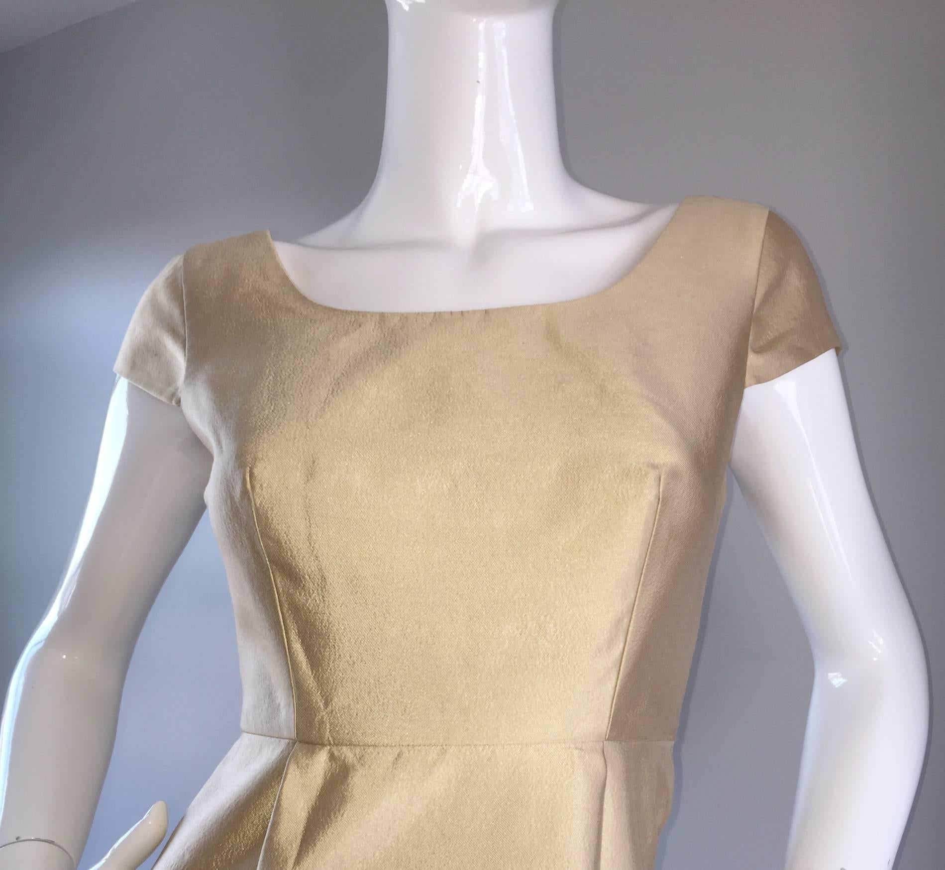 Badgley Mischka Light Gold Fit and Flare 50s Style Flattering Silk Dress For Sale 1