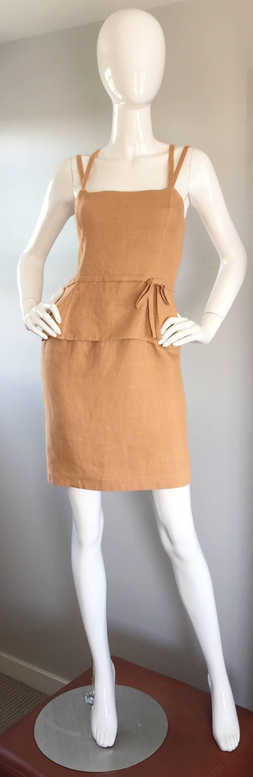 Orange Bill Blass Vintage Terra Cotta Tan Linen Dress w/ Bow and Criss Cross Back 