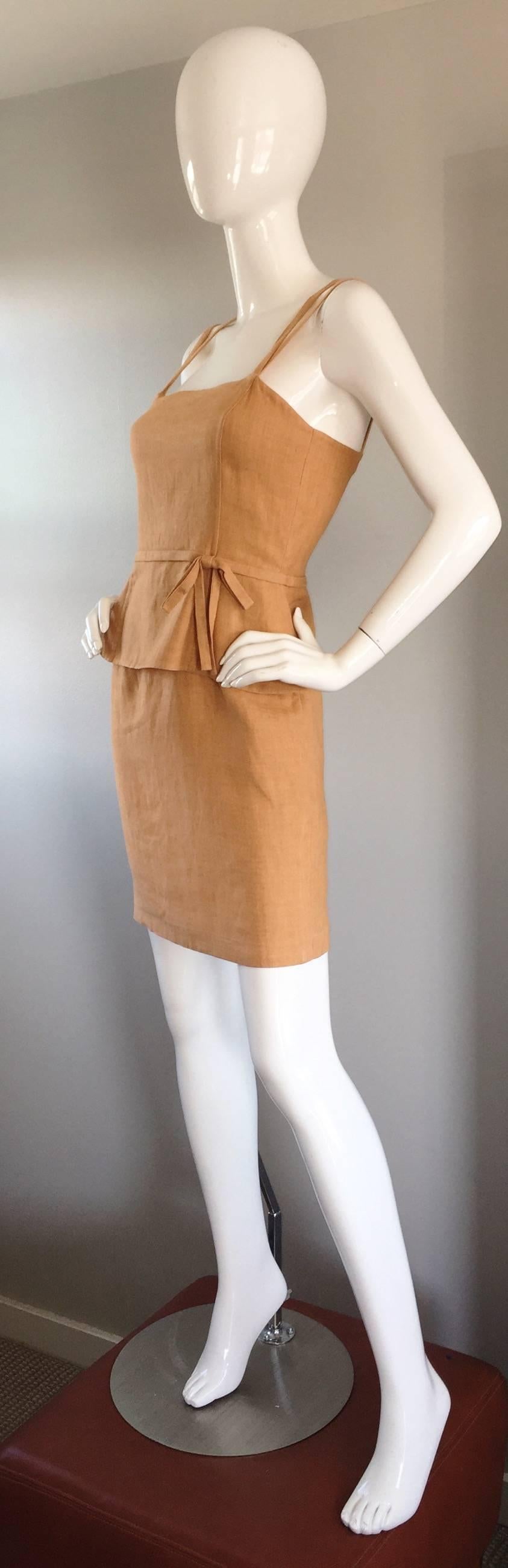 Bill Blass Vintage Terra Cotta Tan Linen Dress w/ Bow and Criss Cross Back  In Excellent Condition In San Diego, CA