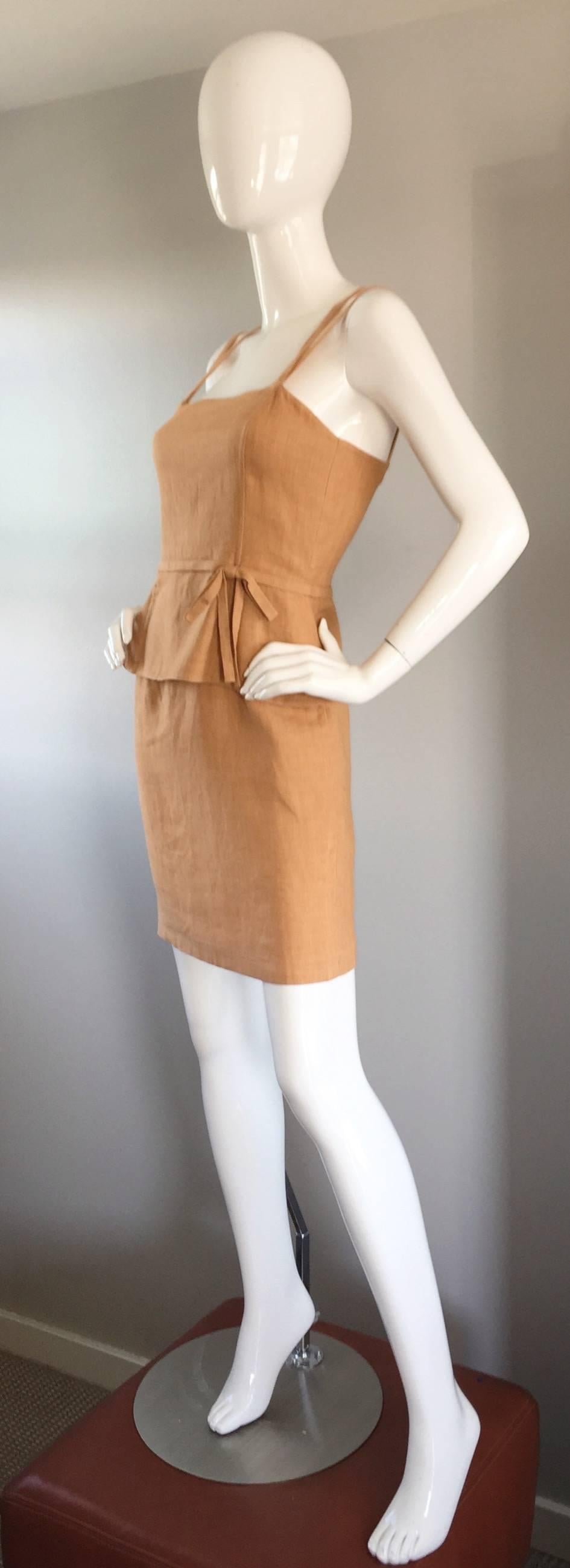 Bill Blass Vintage Terra Cotta Tan Linen Dress w/ Bow and Criss Cross Back  1