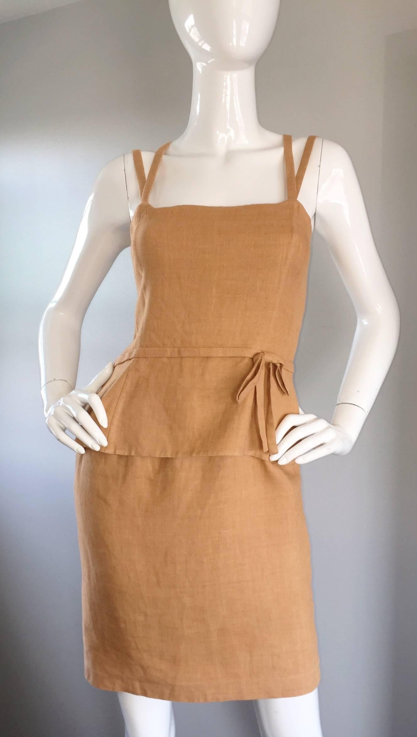 Women's Bill Blass Vintage Terra Cotta Tan Linen Dress w/ Bow and Criss Cross Back 
