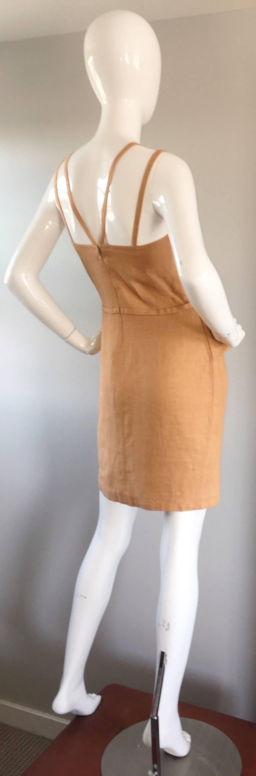 Bill Blass Vintage Terra Cotta Tan Linen Dress w/ Bow and Criss Cross Back  3