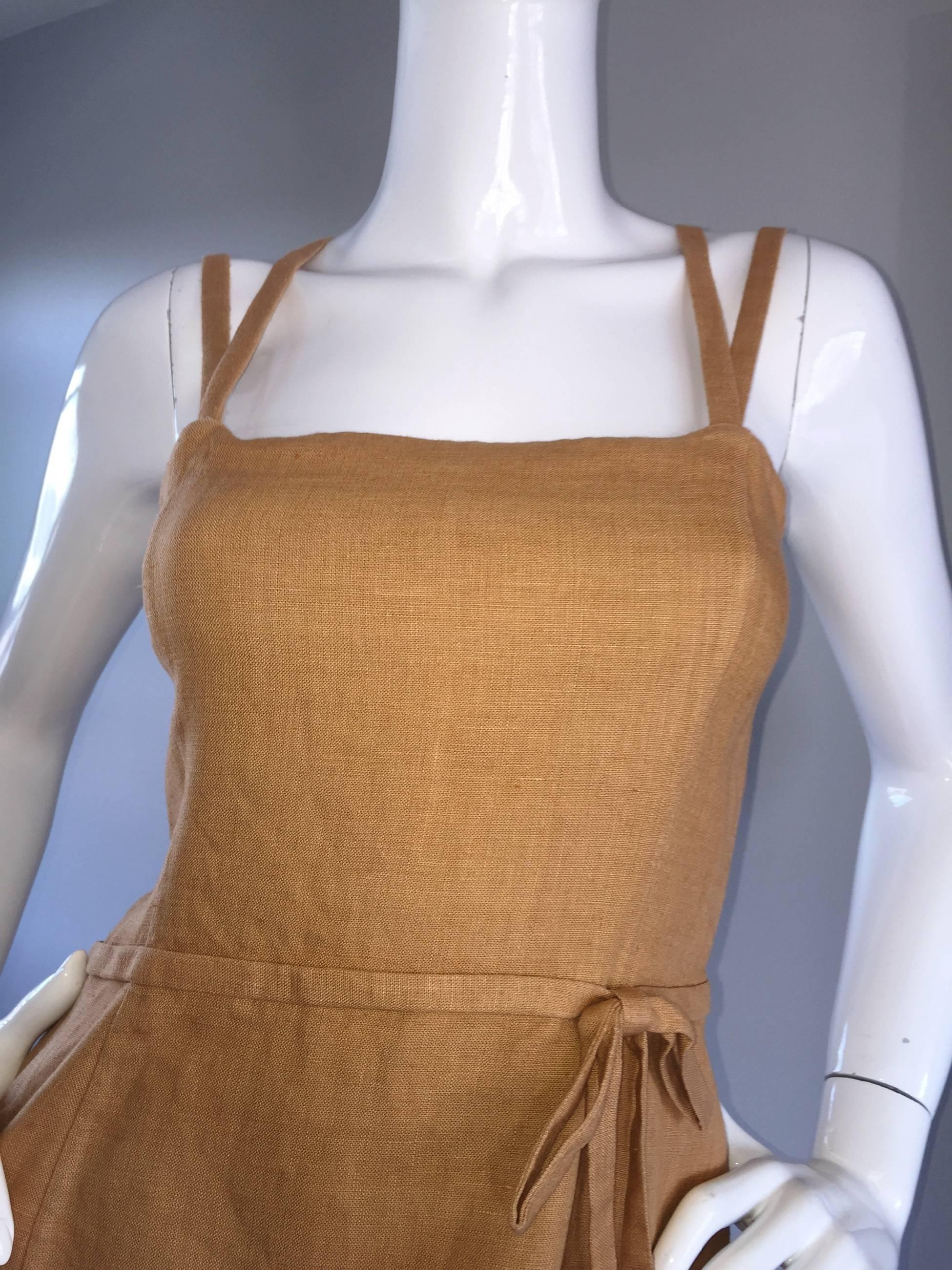 Bill Blass Vintage Terra Cotta Tan Linen Dress w/ Bow and Criss Cross Back  4