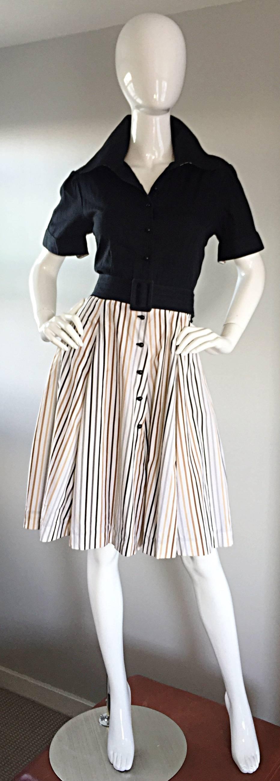 Chic vintage AL'S ATTIRE of SAN FRANCISCO Custom Made 1990s does 1950s rockabilly dress! Features a black textured cotton bodice, with a soft cotton pinstripe full skirt, with colors of tan, beige and gray. Buttons up the bodice. Original detachable