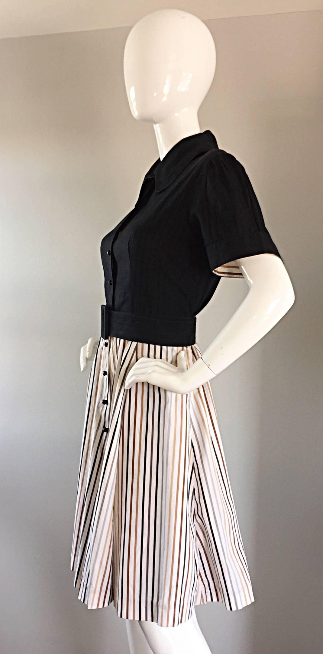 Beige Al's Attire 1990s does 1950s Vintage Black Rockabilly Pinstripe Shirt Dress