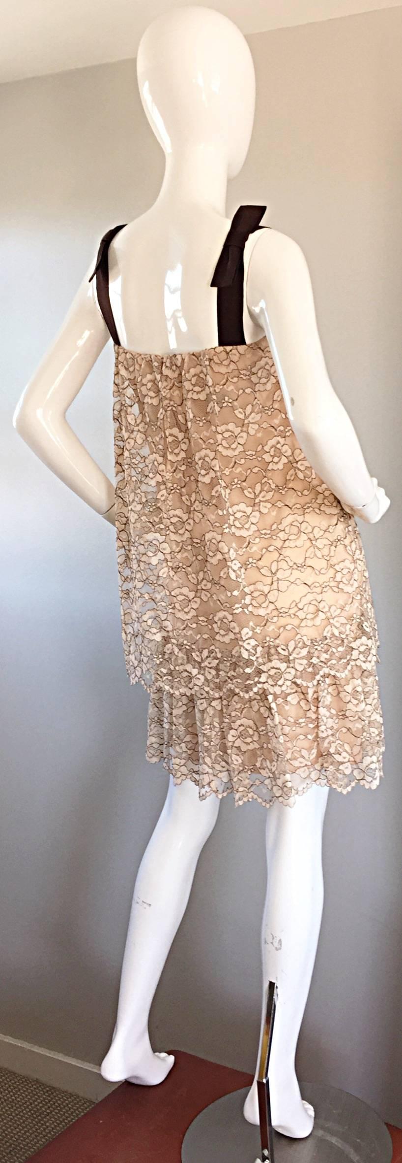 Women's 1960s Ann Barry Vintage Chantilly Lace Taupe + Brown A - Line Shift Tiered Dress For Sale