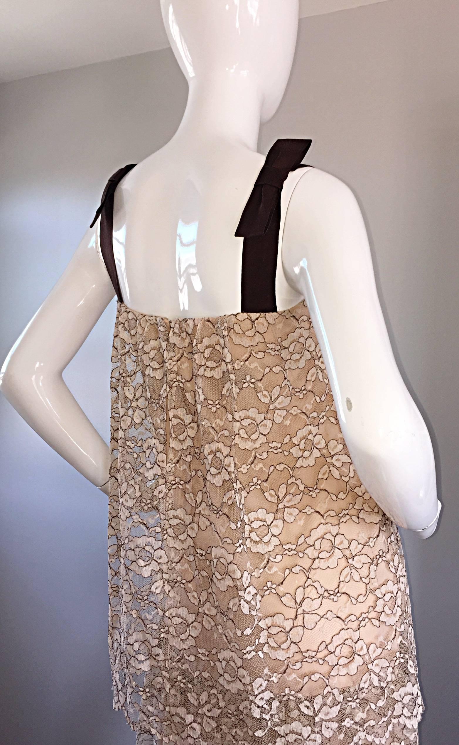 1960s Ann Barry Vintage Chantilly Lace Taupe + Brown A - Line Shift Tiered Dress For Sale 3