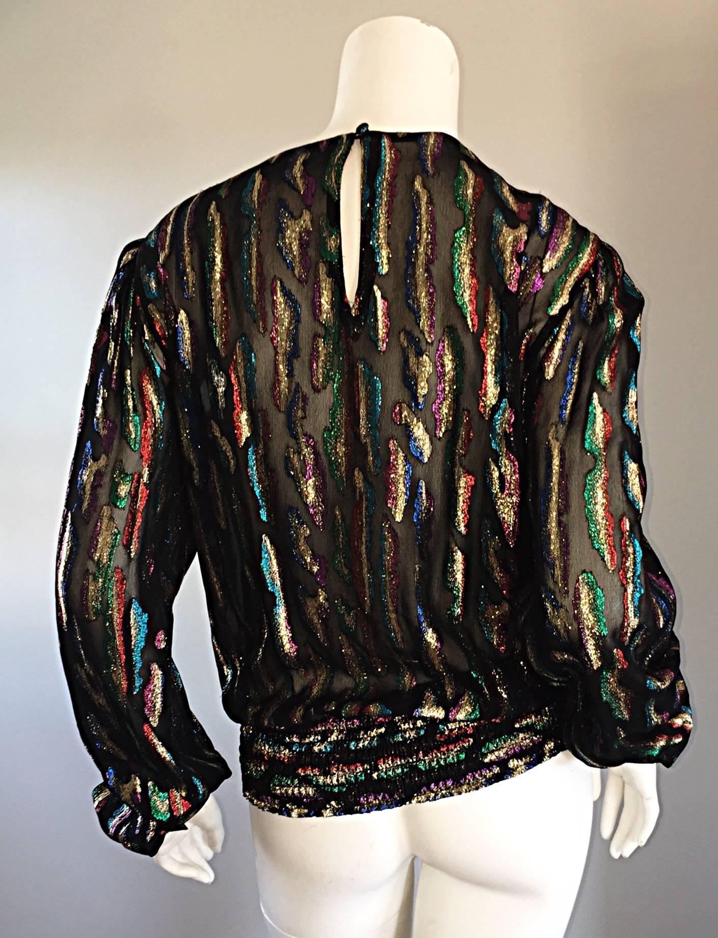 Vintage Llyod Williams Size 8 Semi Sheer Black Blouse Colorful Abstract Metallic For Sale 4