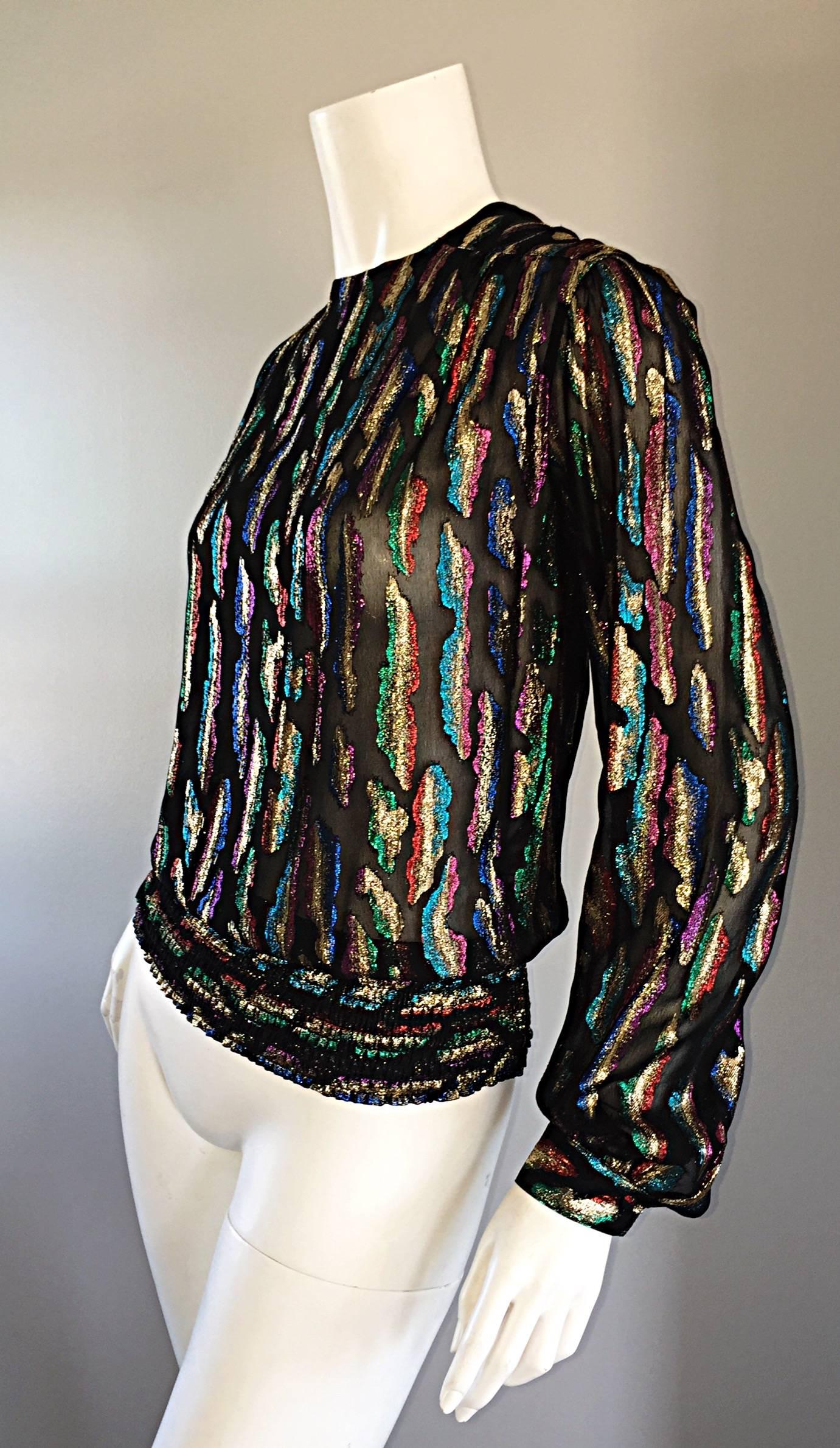 Vintage Llyod Williams Size 8 Semi Sheer Black Blouse Colorful Abstract Metallic For Sale 1