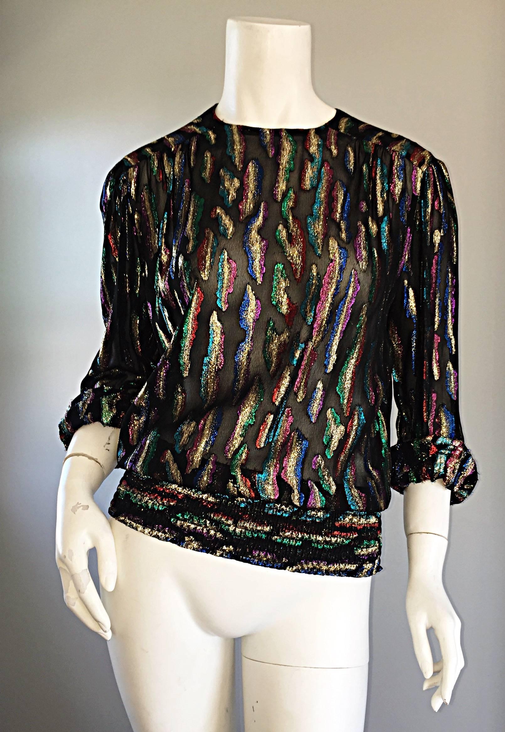 Vintage Llyod Williams Size 8 Semi Sheer Black Blouse Colorful Abstract Metallic For Sale 2
