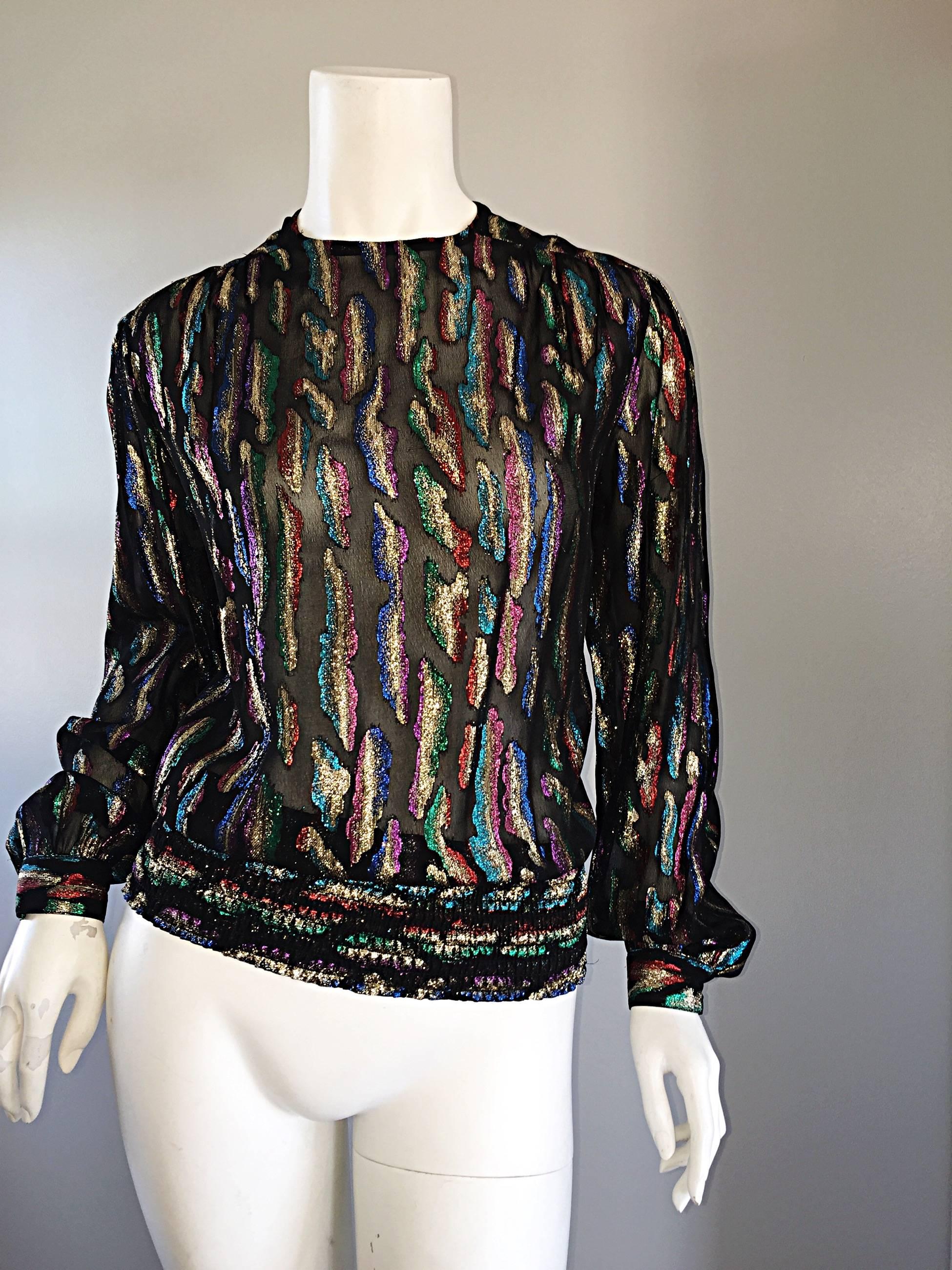 Women's Vintage Llyod Williams Size 8 Semi Sheer Black Blouse Colorful Abstract Metallic For Sale