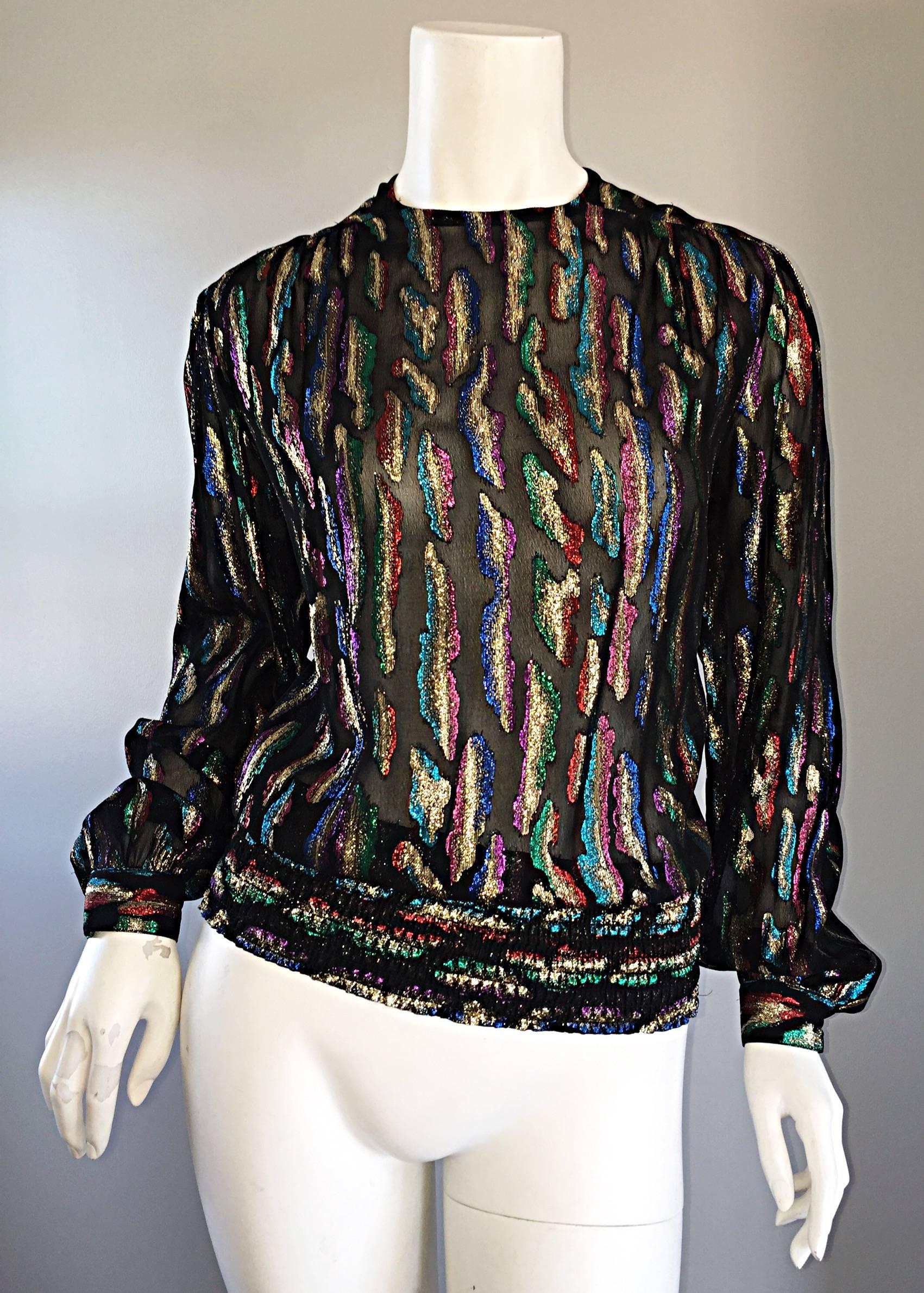 Vintage Llyod Williams Size 8 Semi Sheer Black Blouse Colorful Abstract Metallic For Sale 5