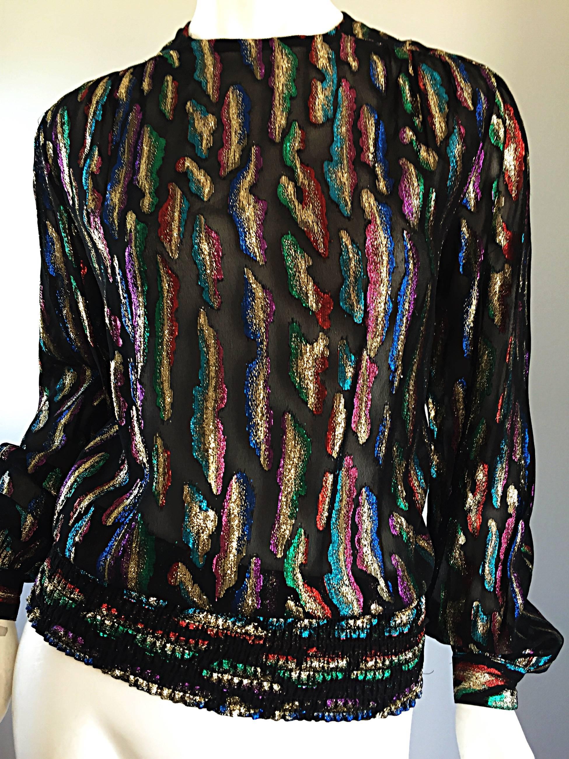 Vintage Llyod Williams Size 8 Semi Sheer Black Blouse Colorful Abstract Metallic For Sale 3