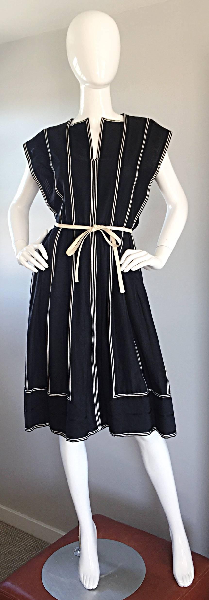 Vintage Pauline Trigere Black and White Avant Garde Striped Dress w/ Belt 4