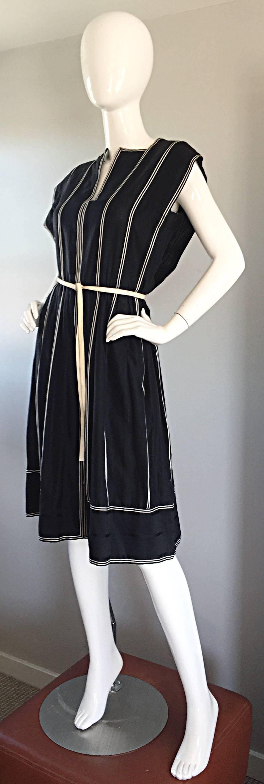 Women's Vintage Pauline Trigere Black and White Avant Garde Striped Dress w/ Belt
