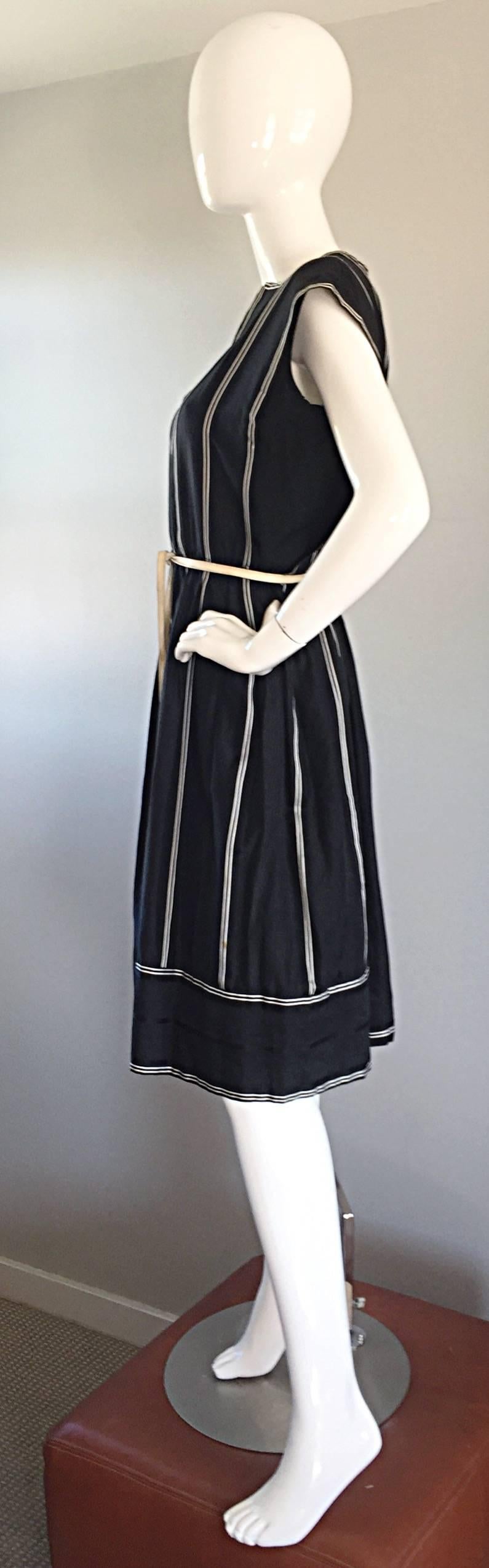 Vintage Pauline Trigere Black and White Avant Garde Striped Dress w/ Belt 2