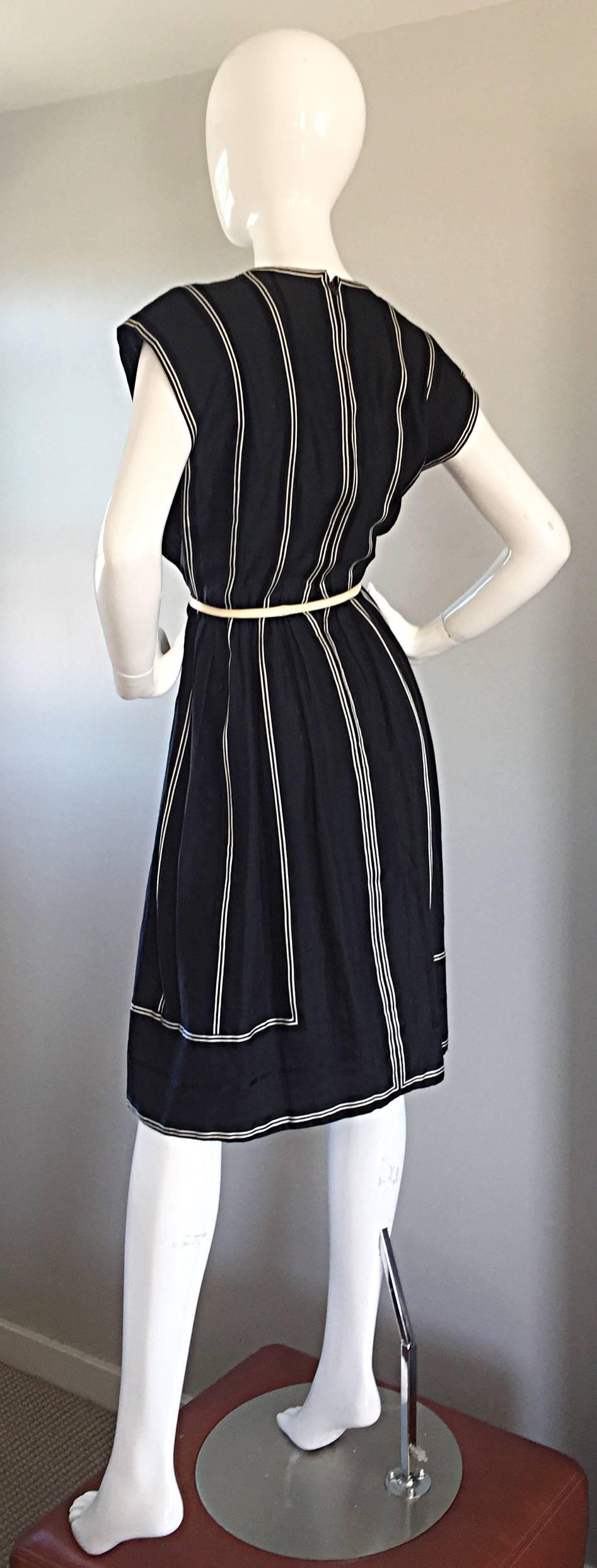 Vintage Pauline Trigere Black and White Avant Garde Striped Dress w/ Belt 3
