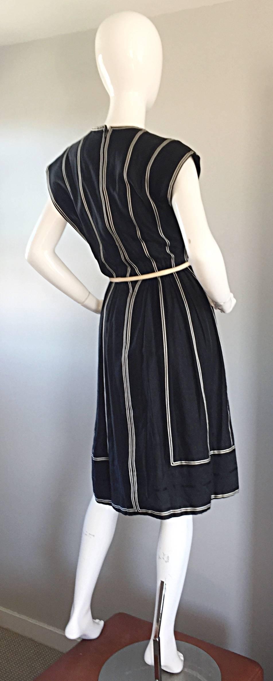 Vintage Pauline Trigere Black and White Avant Garde Striped Dress w/ Belt 1