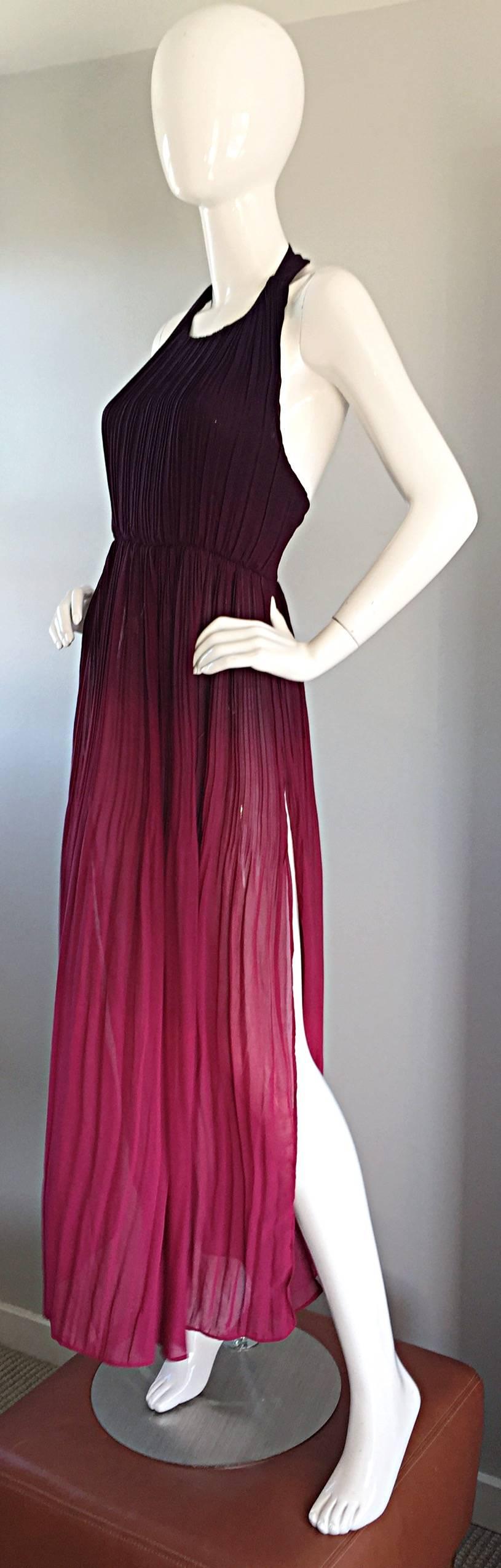Brown 1970s 70s Burgundy + Fuchsia Pink Ombre Silk Halter Pleated Maxi Dress