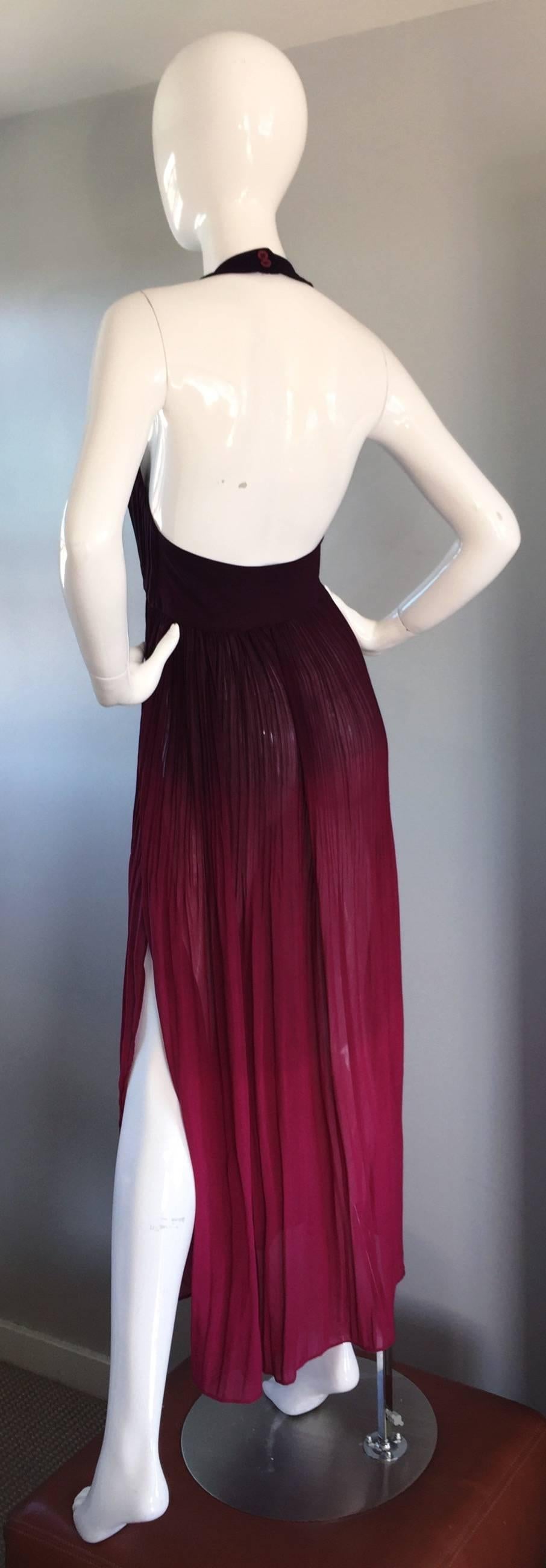 1970s 70s Burgundy + Fuchsia Pink Ombre Silk Halter Pleated Maxi Dress In Excellent Condition In San Diego, CA