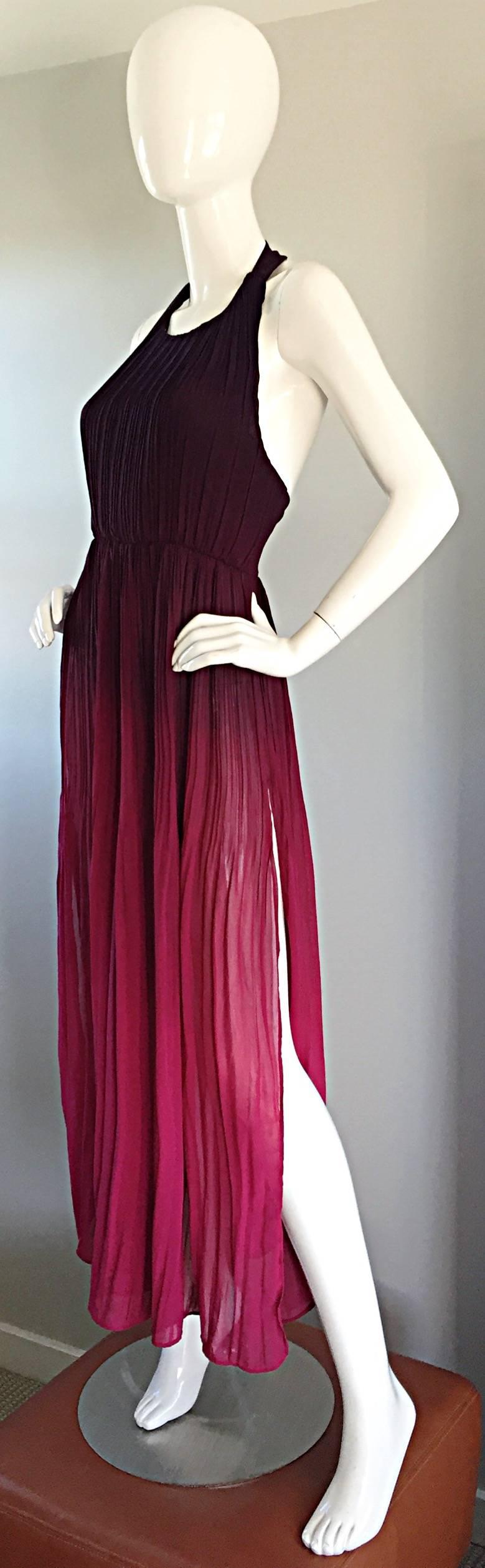1970s 70s Burgundy + Fuchsia Pink Ombre Silk Halter Pleated Maxi Dress 1
