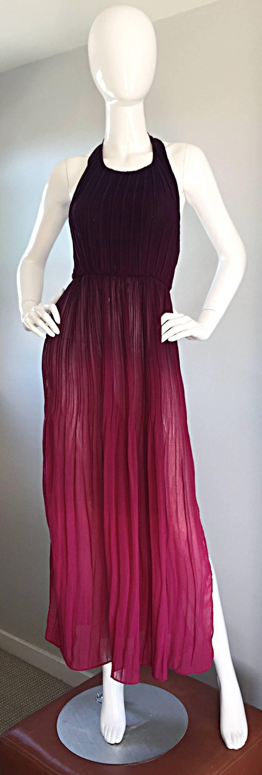 Women's 1970s 70s Burgundy + Fuchsia Pink Ombre Silk Halter Pleated Maxi Dress