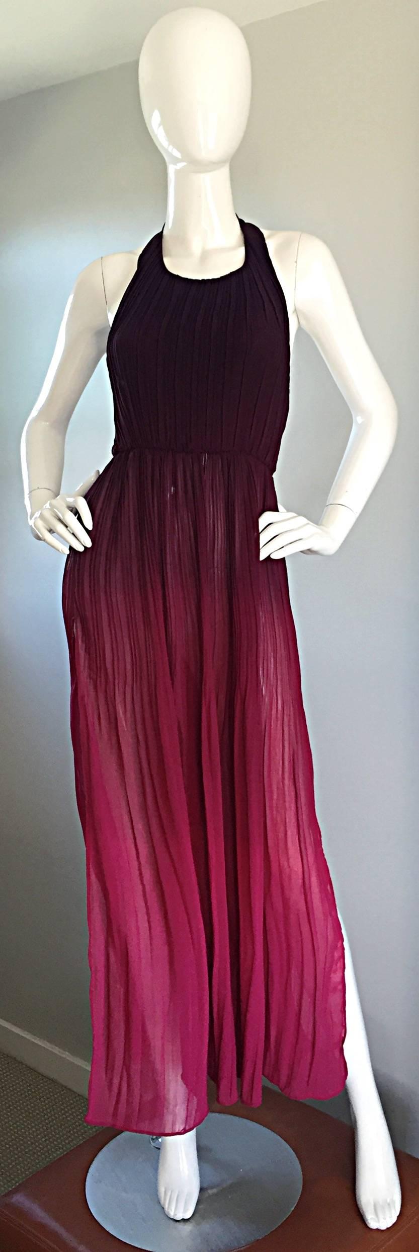 1970s 70s Burgundy + Fuchsia Pink Ombre Silk Halter Pleated Maxi Dress 2